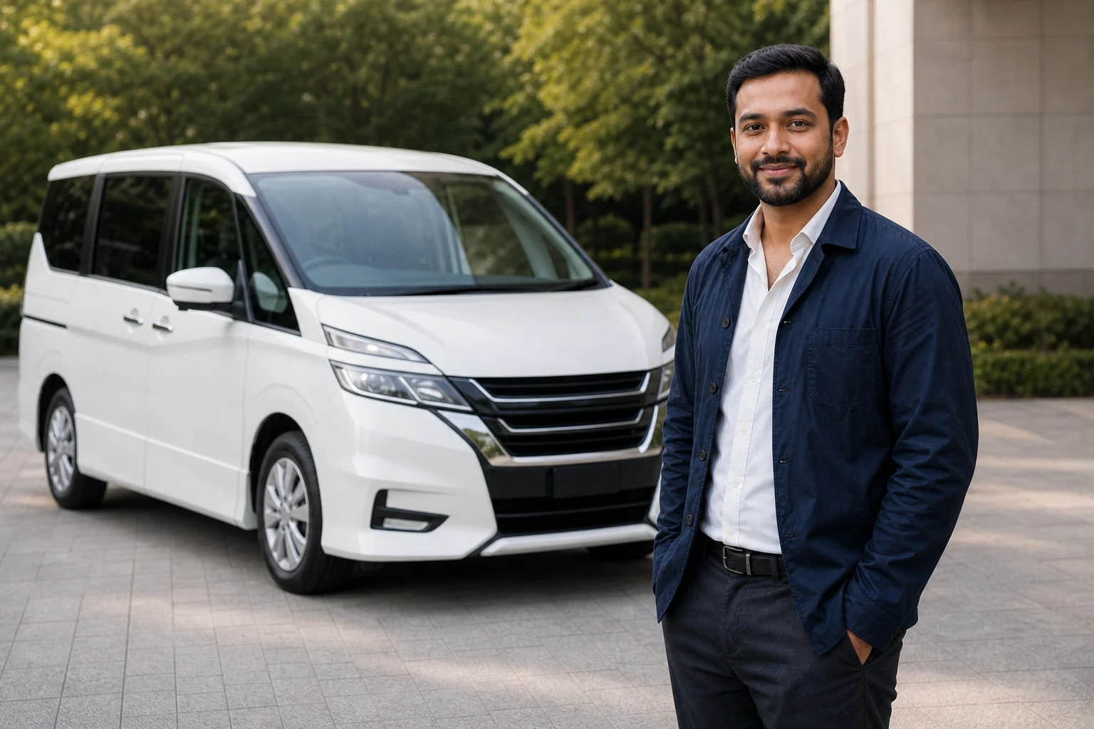 AI-generated illustration of a private tour host beside a white minivan