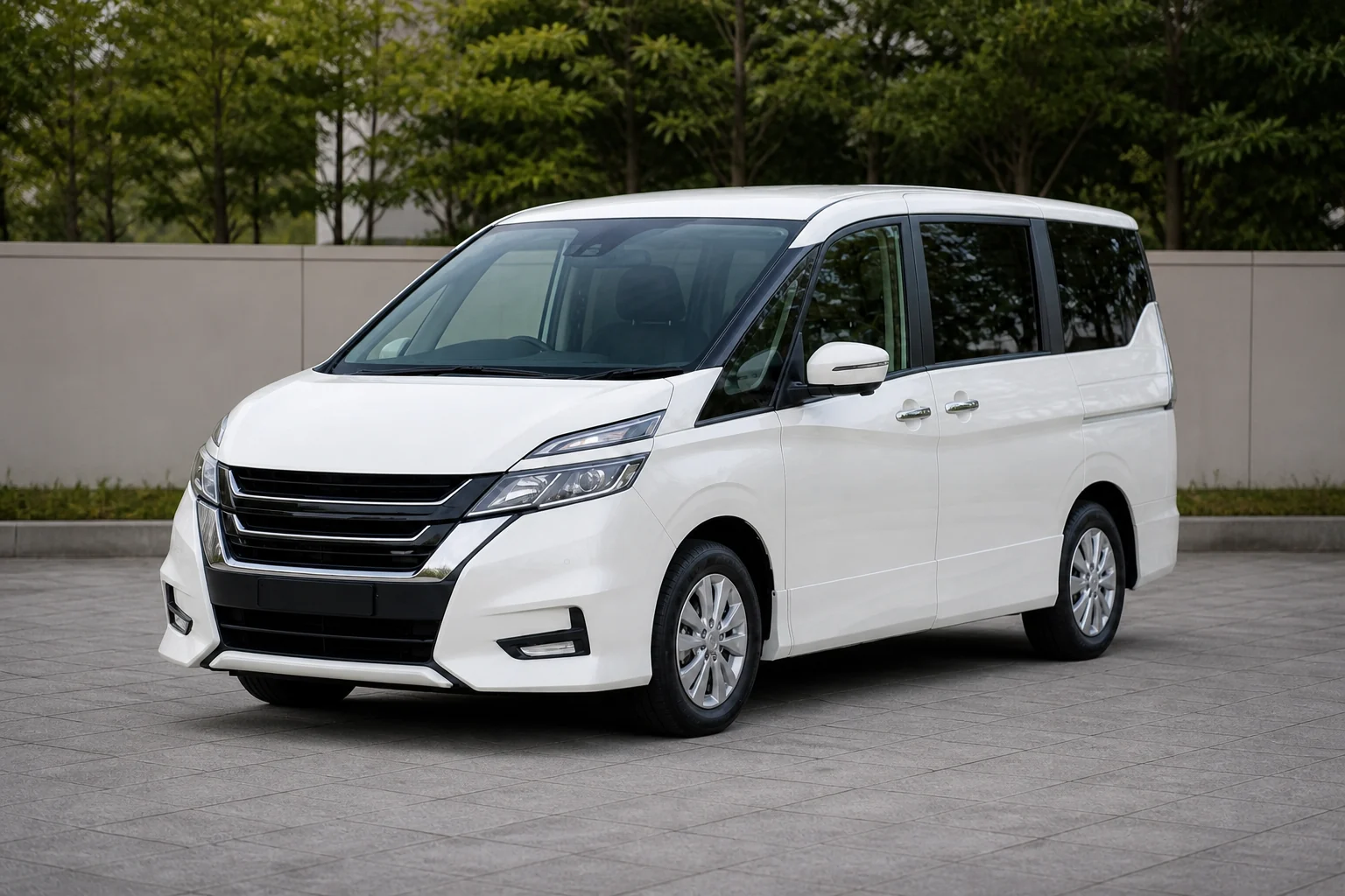 AI-generated front three-quarter illustration of a white private minivan
