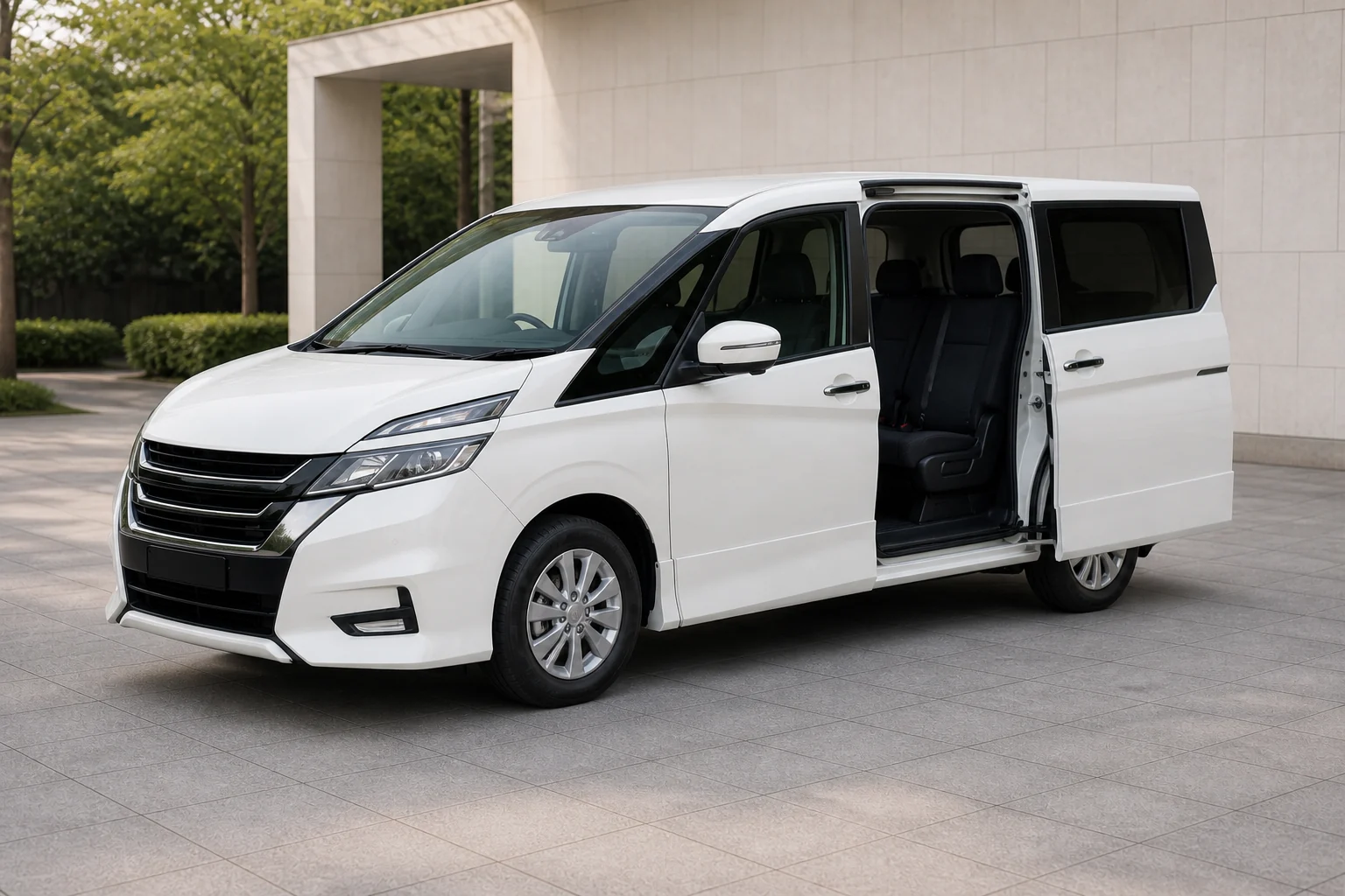 AI-generated side illustration of a white minivan with its sliding door open