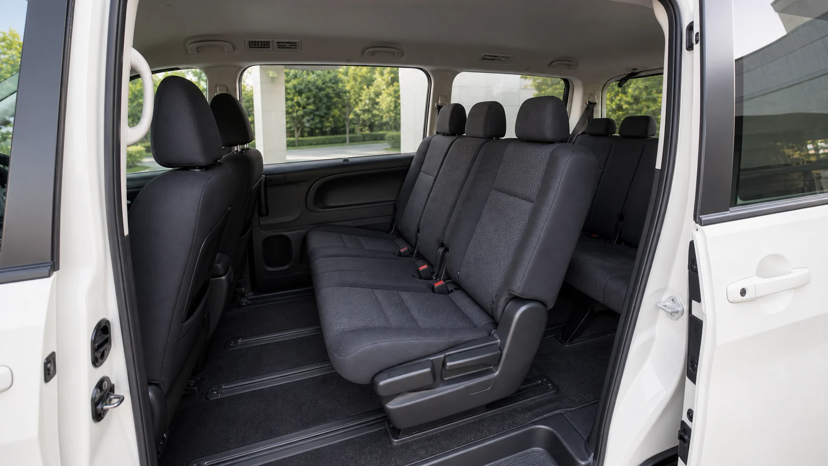 AI-generated illustration of a clean private minivan interior viewed through an open sliding door