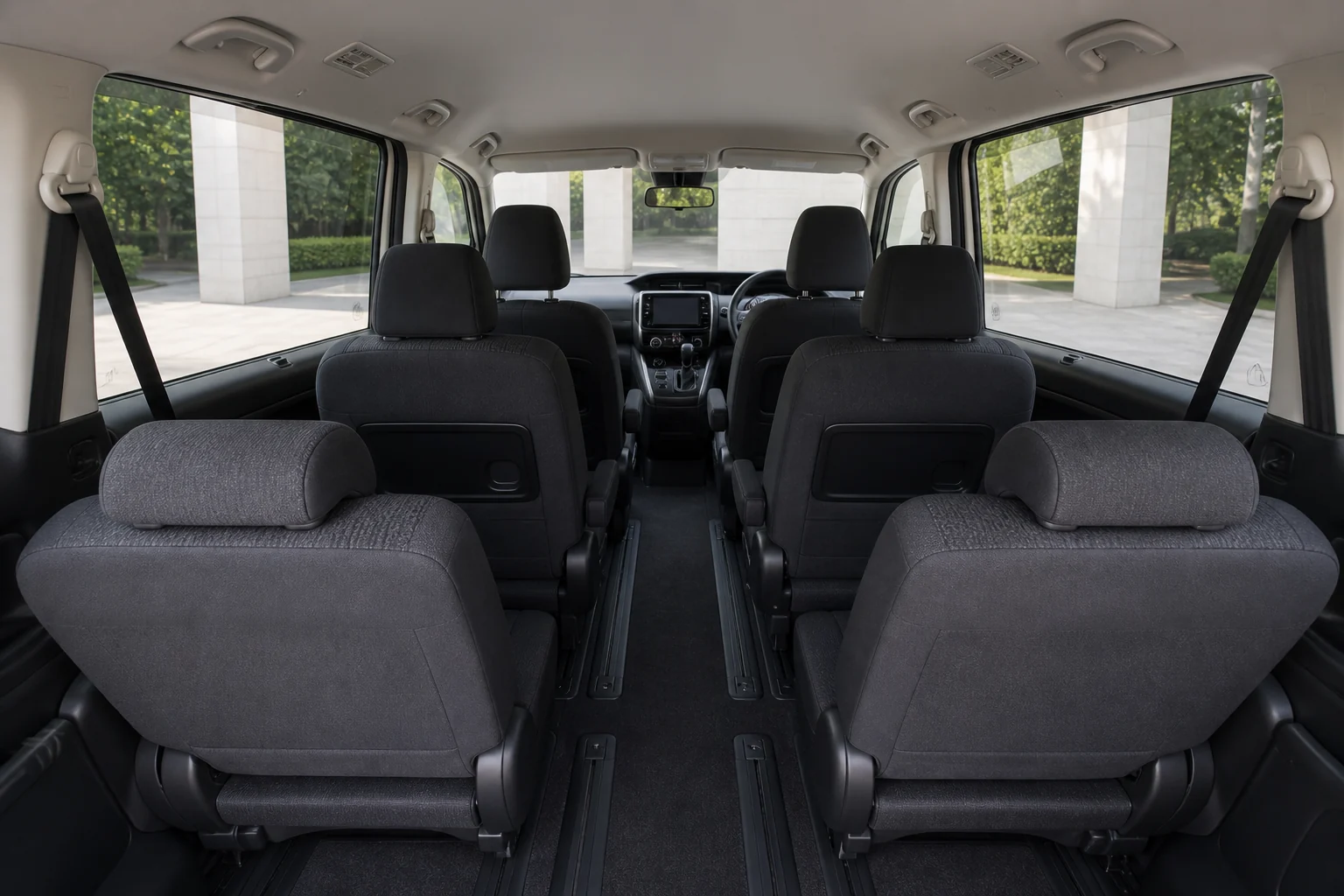 AI-generated illustration of a private minivan cabin viewed from the rear